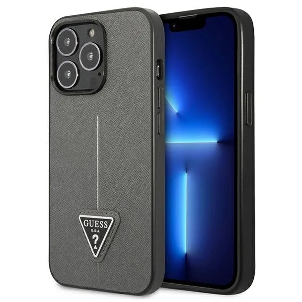 Etui Guess Saffiano Triangle Logo na iPhone 14 Pro Max - srebrne