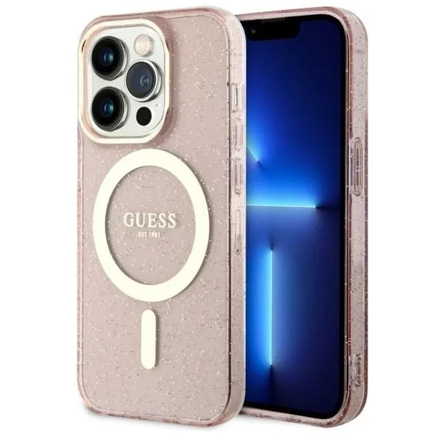 Etui Guess Glitter Gold MagSafe na iPhone 14 Pro - różowe