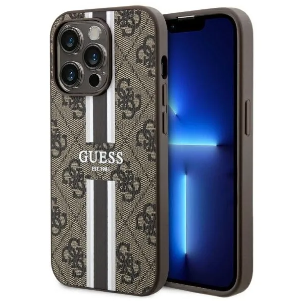 Etui Guess 4G Printed Stripes MagSafe na iPhone 14 Pro Max - brązowe