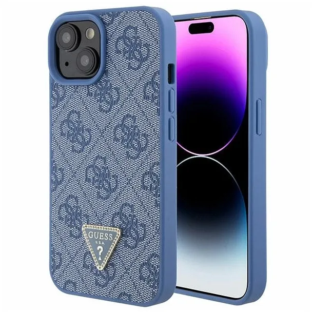 Etui Guess Leather 4G Triangle Strass do iPhone 15 - niebieskie