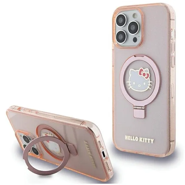 Etui Hello Kitty Ring Stand Glitter Electrop Logo MagSafe na iPhone 15 Pro Max - różowe