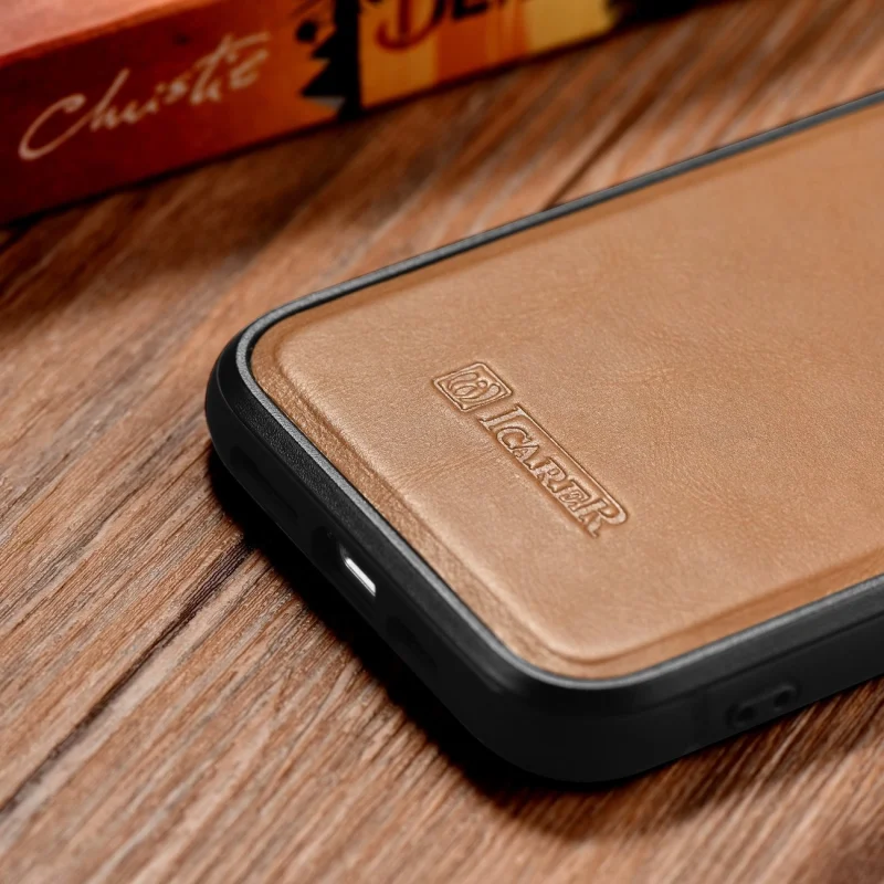 iCarer Leather Oil Wax etui pokryte naturalną skórą do iPhone 14 brązowy (WMI14220717-TN) - obrazek 14