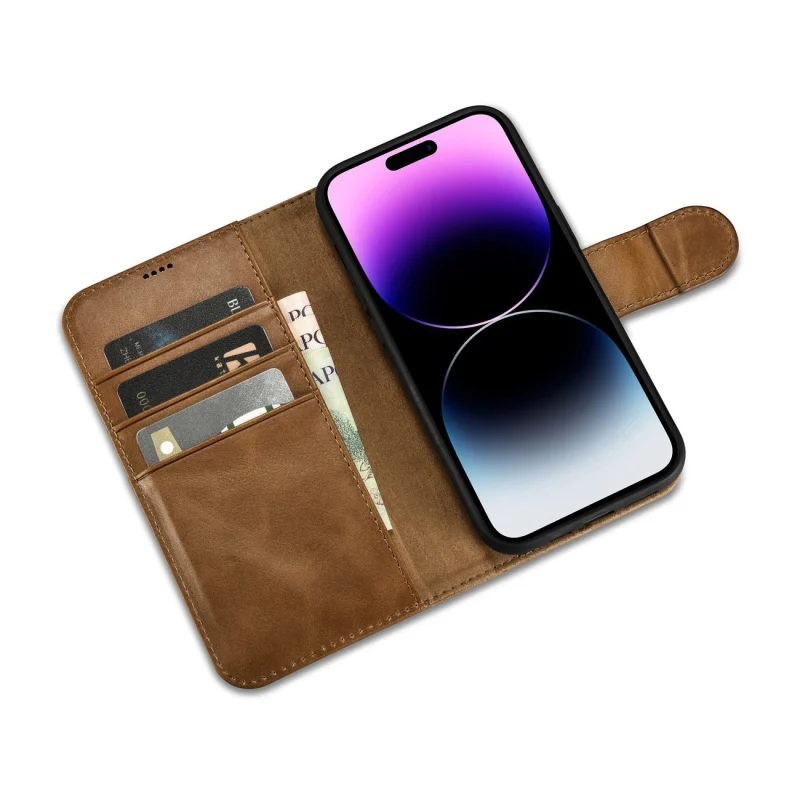 iCarer Oil Wax Wallet Case 2in1 etui iPhone 14 Pro skórzany pokrowiec z klapką Anti-RFID brązowy (WMI14220722-TN) - obrazek 9