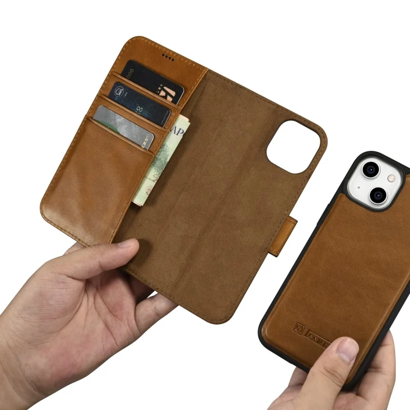 iCarer Oil Wax Wallet Case 2in1 etui iPhone 14 Plus skórzany pokrowiec z klapką Anti-RFID brązowy (WMI14220723-TN) - obrazek 11