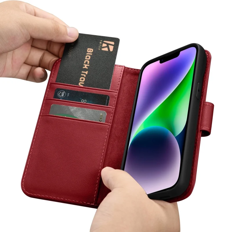 iCarer Wallet Case 2in1 etui iPhone 14 skórzany pokrowiec z klapką Anti-RFID czerwony (WMI14220725-RD) - obrazek 16