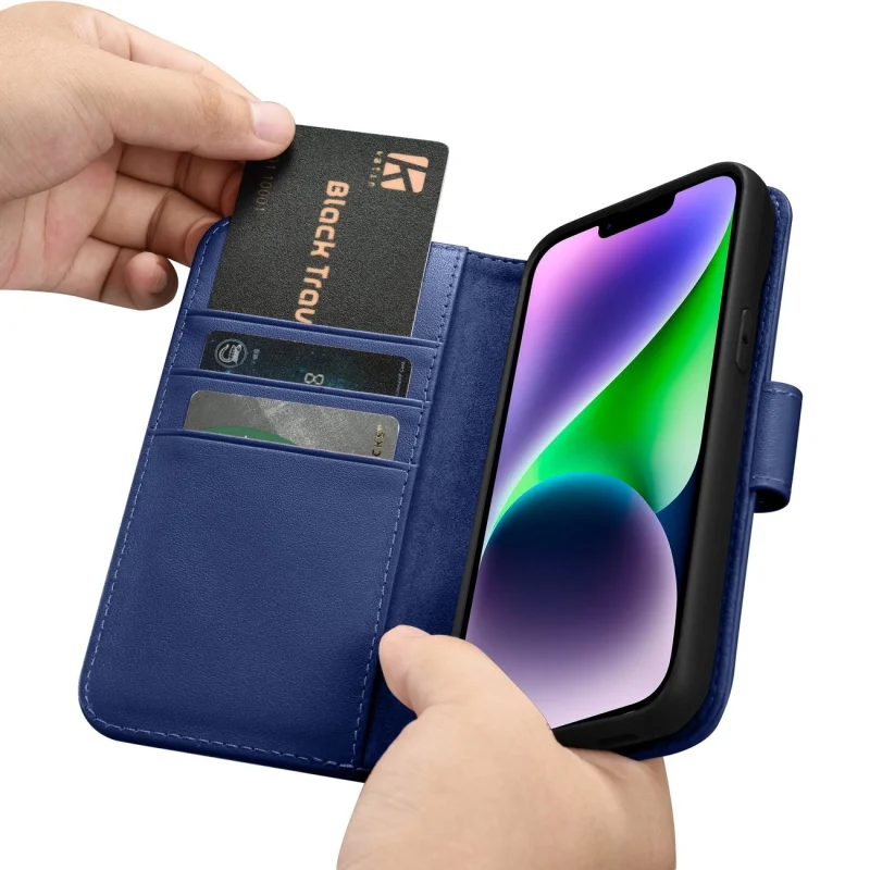 iCarer Wallet Case 2in1 etui iPhone 14 skórzany pokrowiec z klapką Anti-RFID niebieski (WMI14220725-BU) - obrazek 15