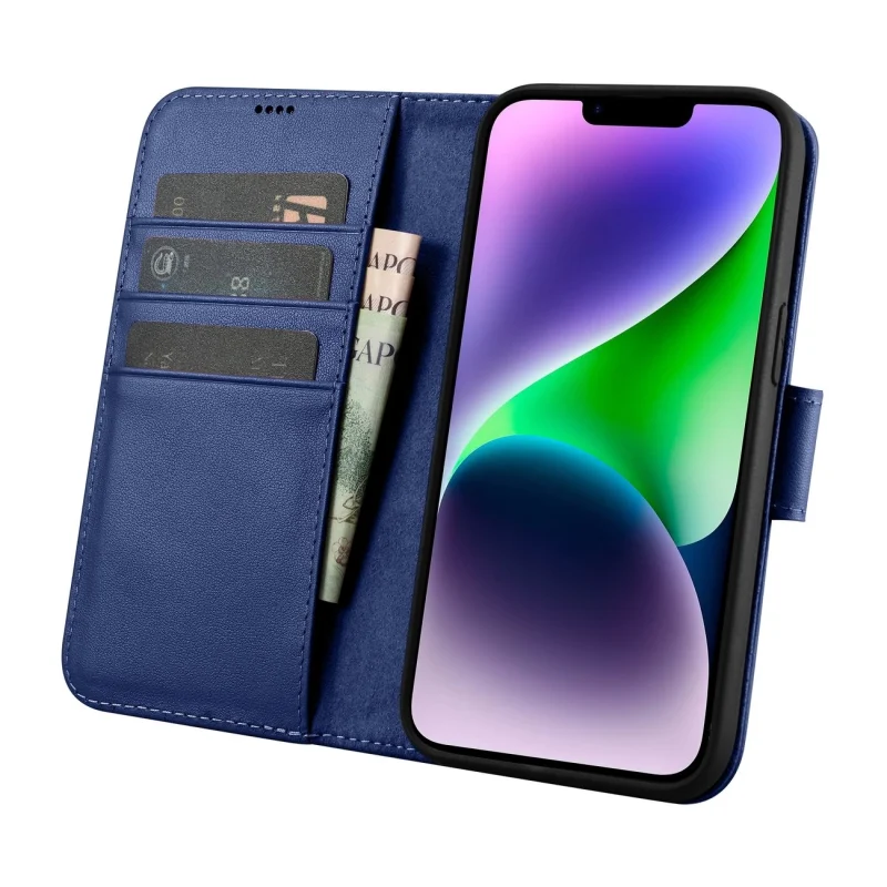 iCarer Wallet Case 2in1 etui iPhone 14 Plus skórzany pokrowiec z klapką Anti-RFID niebieski (WMI14220727-BU) - obrazek 3