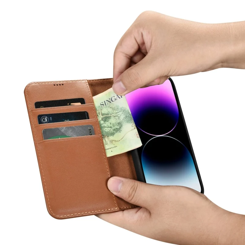 iCarer Wallet Case 2in1 etui iPhone 14 Pro Max skórzany pokrowiec z klapką Anti-RFID brązowy (WMI14220728-BN) - obrazek 12