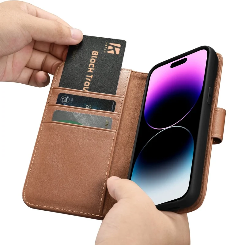 iCarer Wallet Case 2in1 etui iPhone 14 Pro Max skórzany pokrowiec z klapką Anti-RFID brązowy (WMI14220728-BN) - obrazek 16