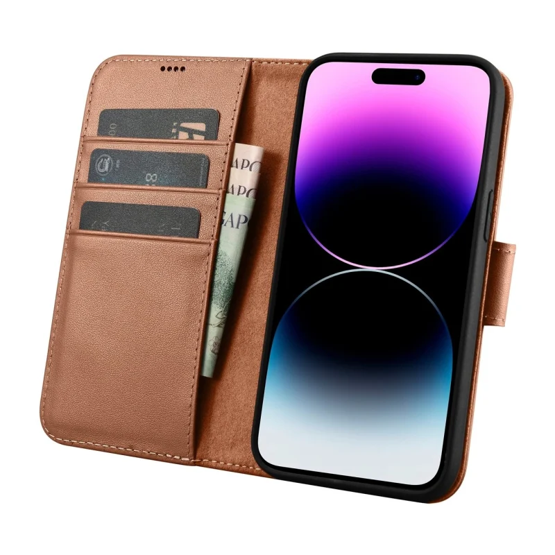 iCarer Wallet Case 2in1 etui iPhone 14 Pro Max skórzany pokrowiec z klapką Anti-RFID brązowy (WMI14220728-BN) - obrazek 3