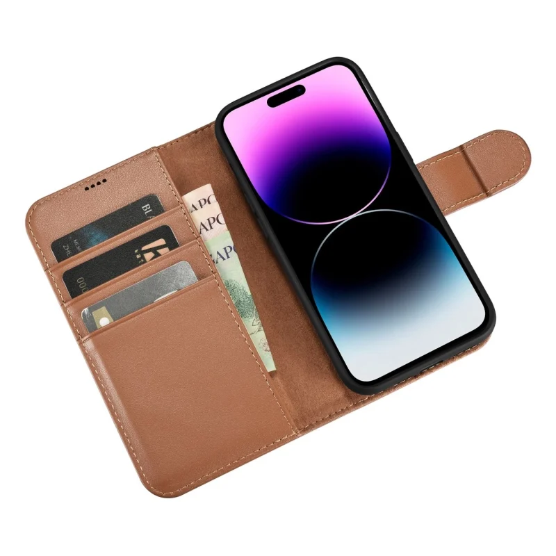 iCarer Wallet Case 2in1 etui iPhone 14 Pro Max skórzany pokrowiec z klapką Anti-RFID brązowy (WMI14220728-BN) - obrazek 9