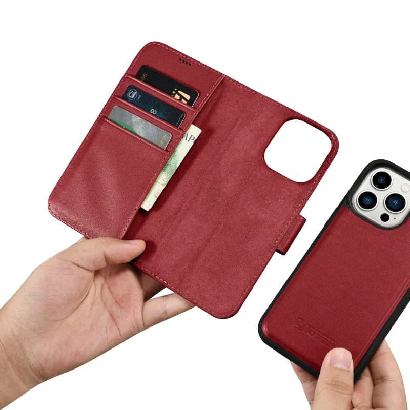 iCarer Wallet Case 2in1 etui iPhone 14 Pro Max skórzany pokrowiec z klapką Anti-RFID czerwony (WMI14220728-RD) - obrazek 15