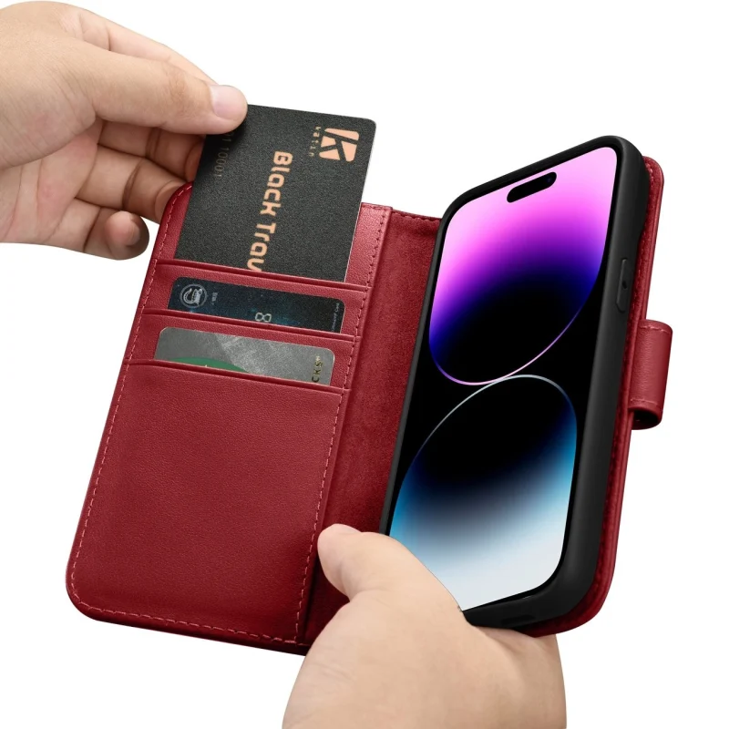 iCarer Wallet Case 2in1 etui iPhone 14 Pro Max skórzany pokrowiec z klapką Anti-RFID czerwony (WMI14220728-RD) - obrazek 16