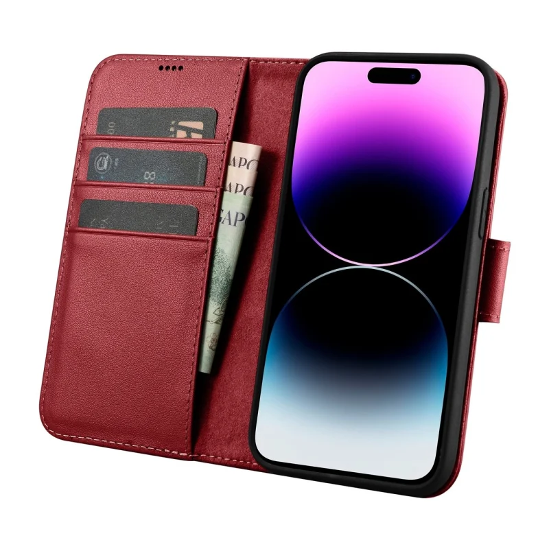 iCarer Wallet Case 2in1 etui iPhone 14 Pro Max skórzany pokrowiec z klapką Anti-RFID czerwony (WMI14220728-RD) - obrazek 3