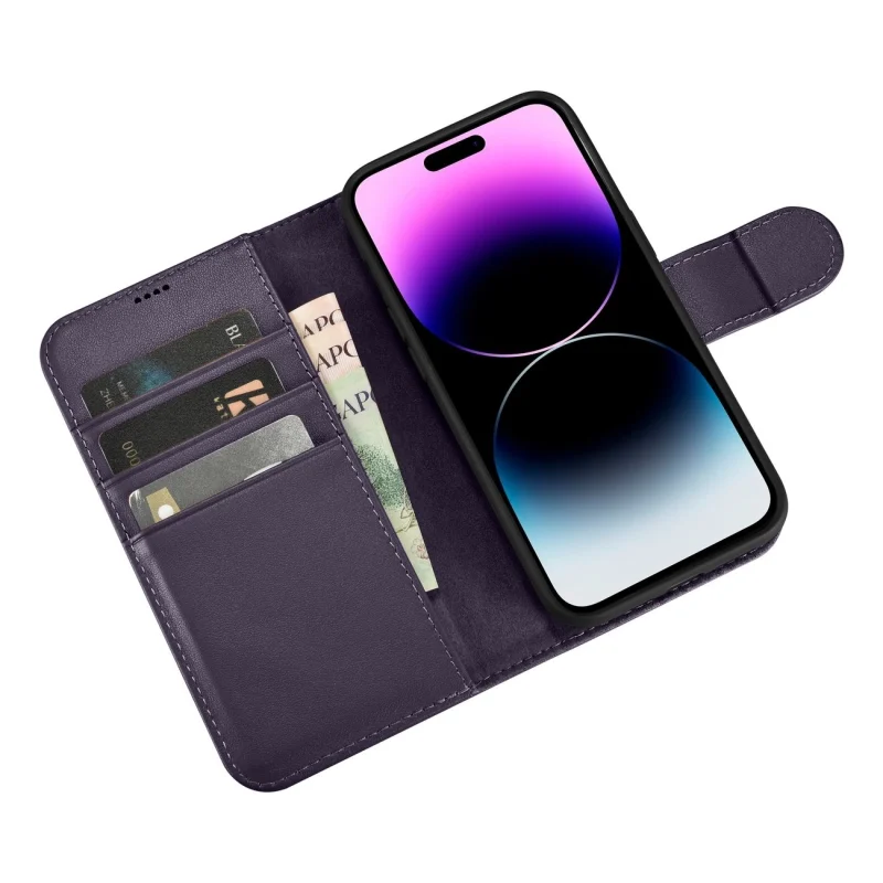 iCarer Wallet Case 2in1 etui iPhone 14 Pro Max skórzany pokrowiec z klapką Anti-RFID ciemnofioletowy (WMI14220728-DP) - obrazek 10