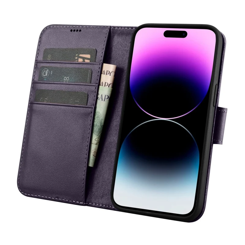 iCarer Wallet Case 2in1 etui iPhone 14 Pro Max skórzany pokrowiec z klapką Anti-RFID ciemnofioletowy (WMI14220728-DP) - obrazek 3