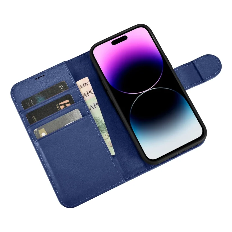 iCarer Wallet Case 2in1 etui iPhone 14 Pro Max skórzany pokrowiec z klapką Anti-RFID niebieski (WMI14220728-BU) - obrazek 10