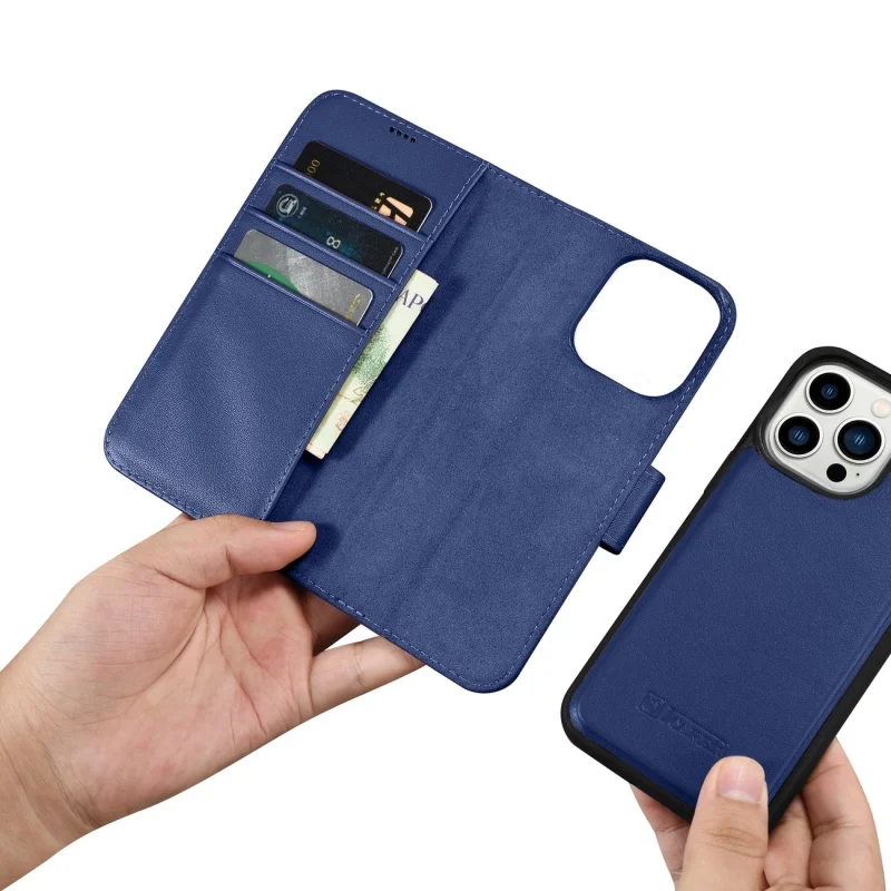 iCarer Wallet Case 2in1 etui iPhone 14 Pro Max skórzany pokrowiec z klapką Anti-RFID niebieski (WMI14220728-BU) - obrazek 13