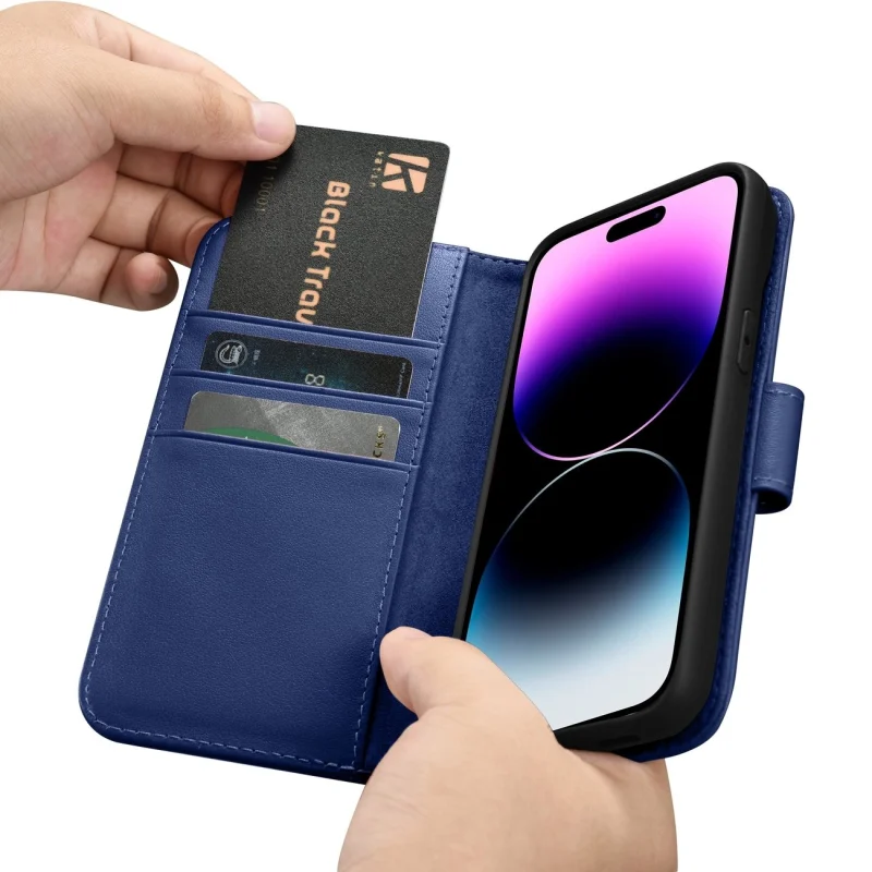 iCarer Wallet Case 2in1 etui iPhone 14 Pro Max skórzany pokrowiec z klapką Anti-RFID niebieski (WMI14220728-BU) - obrazek 15