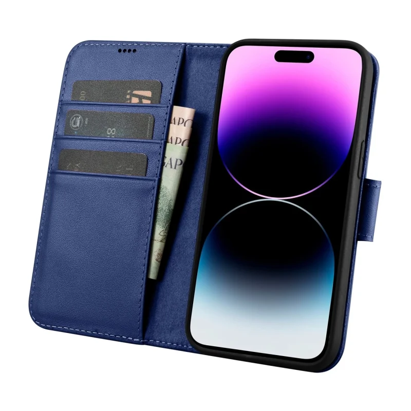 iCarer Wallet Case 2in1 etui iPhone 14 Pro Max skórzany pokrowiec z klapką Anti-RFID niebieski (WMI14220728-BU) - obrazek 3