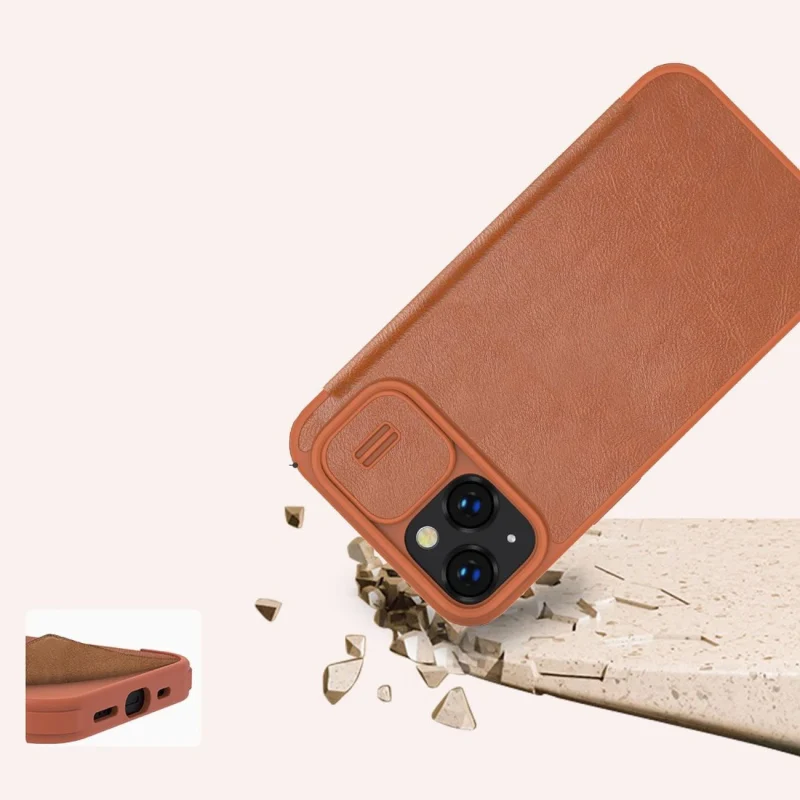 Nillkin Qin Leather Pro Case etui iPhone 14 osłona na aparat kabura pokrowiec obudowa z klapką brązowy - obrazek 15