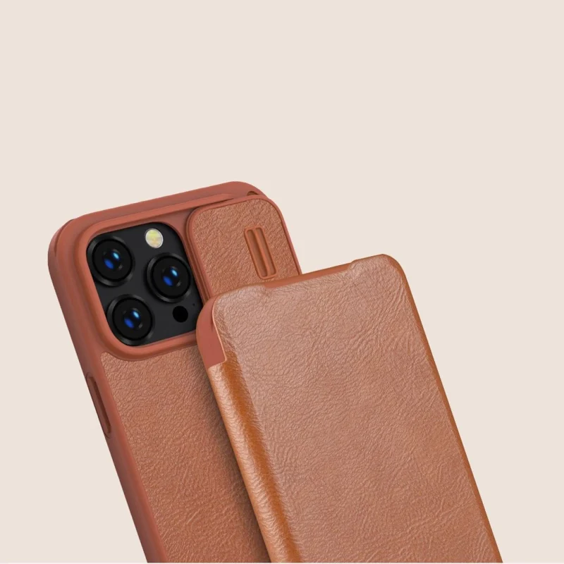 Nillkin Qin Leather Pro Case etui iPhone 14 Pro osłona na aparat kabura pokrowiec obudowa z klapką brązowy - obrazek 14