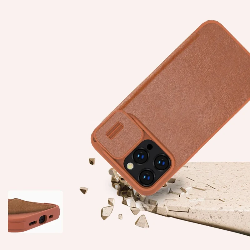 Nillkin Qin Leather Pro Case etui iPhone 14 Pro osłona na aparat kabura pokrowiec obudowa z klapką brązowy - obrazek 15