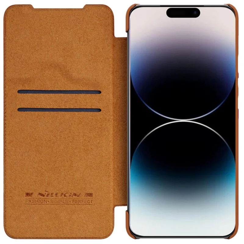 Nillkin Qin Leather Pro Case etui iPhone 14 Pro osłona na aparat kabura pokrowiec obudowa z klapką brązowy - obrazek 2