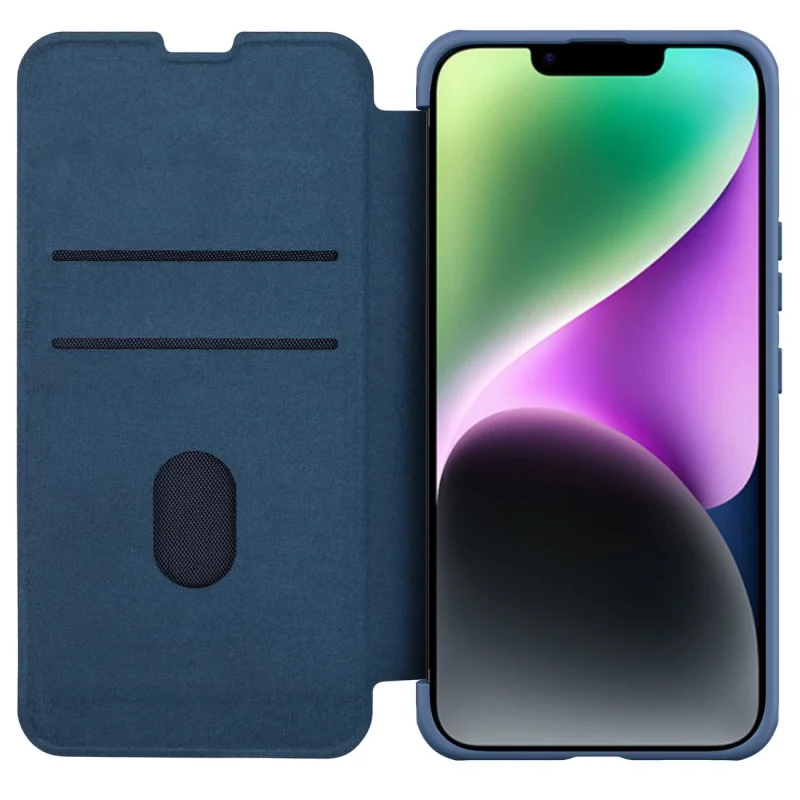 Nillkin Qin Cloth Pro Case etui do iPhone 14 osłona na aparat kabura pokrowiec obudowa z klapką niebieski - obrazek 3