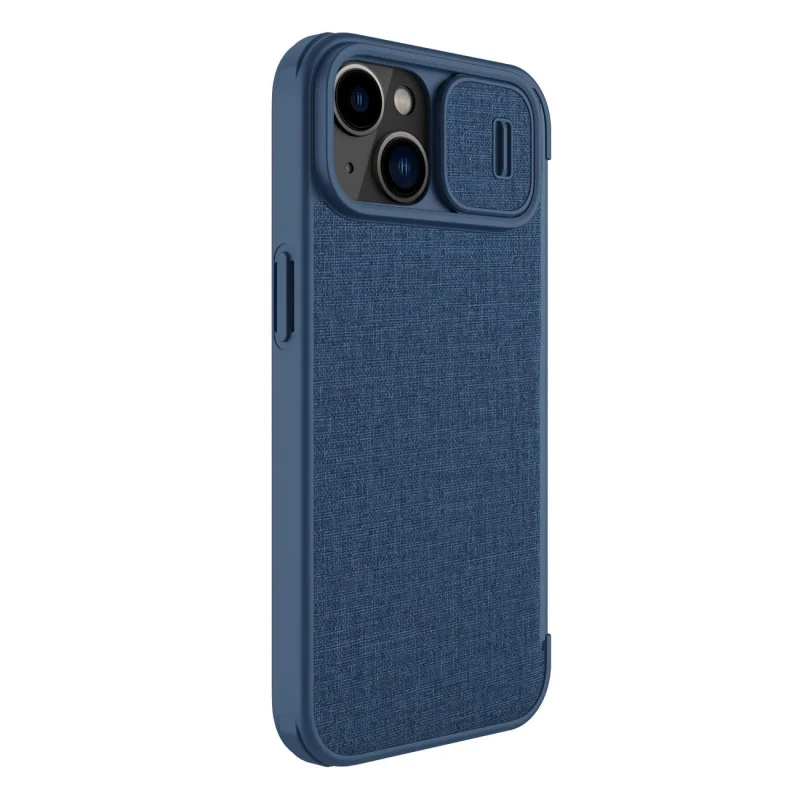 Nillkin Qin Cloth Pro Case etui do iPhone 14 osłona na aparat kabura pokrowiec obudowa z klapką niebieski - obrazek 4