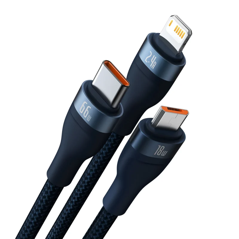 Baseus Flash Series Ⅱ kabel 3w1 do szybkiego ładowania USB-A do USB-C / Micro-USB / Lightning 66W 480Mb/s 1.2m niebieski - obrazek 2