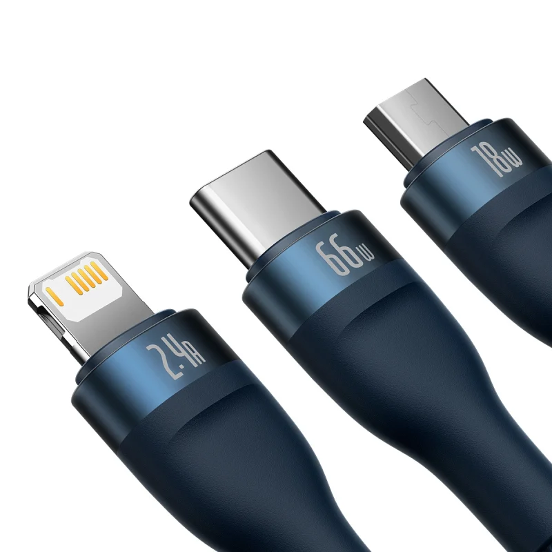 Baseus Flash Series Ⅱ kabel 3w1 do szybkiego ładowania USB-A do USB-C / Micro-USB / Lightning 66W 480Mb/s 1.2m niebieski - obrazek 4