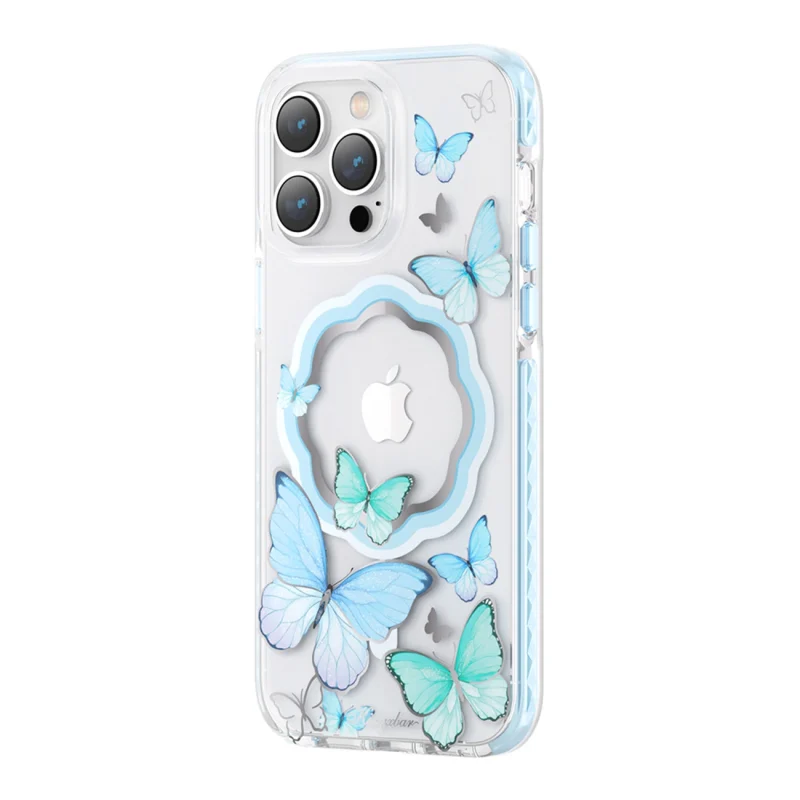 Kingxbar Butterfly Series magnetyczne etui iPhone 14 Pro Max MagSafe etui z motylami niebieskie