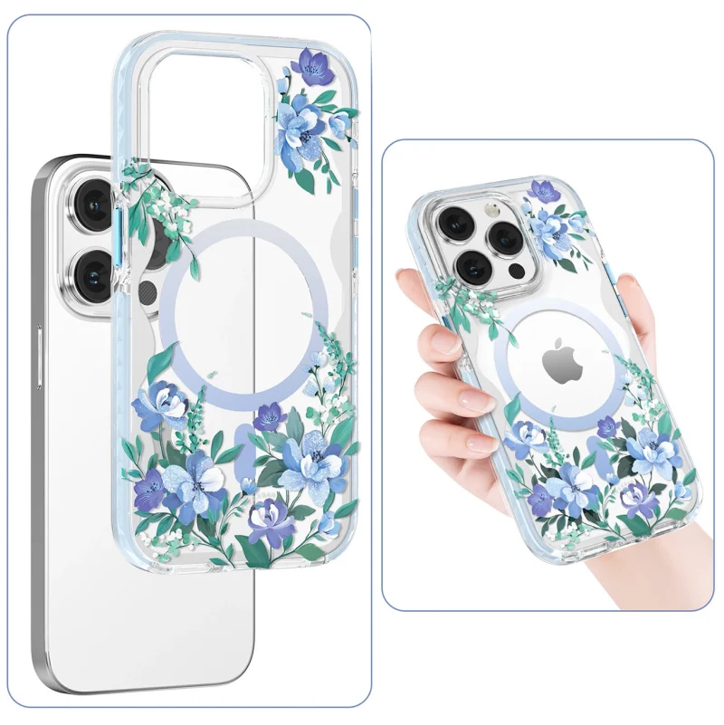 Kingxbar Flora Series magnetyczne etui iPhone 14 Plus MagSafe ozdobione nadrukiem w kwiaty orchid - obrazek 7