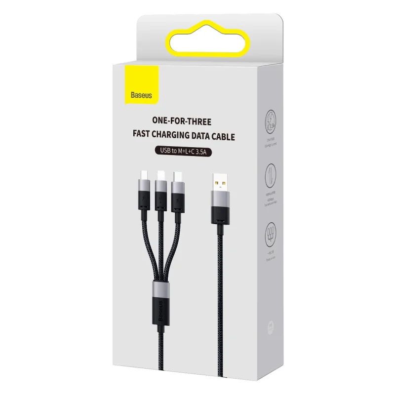 Kabel 3w1 USB - micro USB / Lightning / USB C 3.5A 1.2m Baseus StarSpeed - czarny - obrazek 3