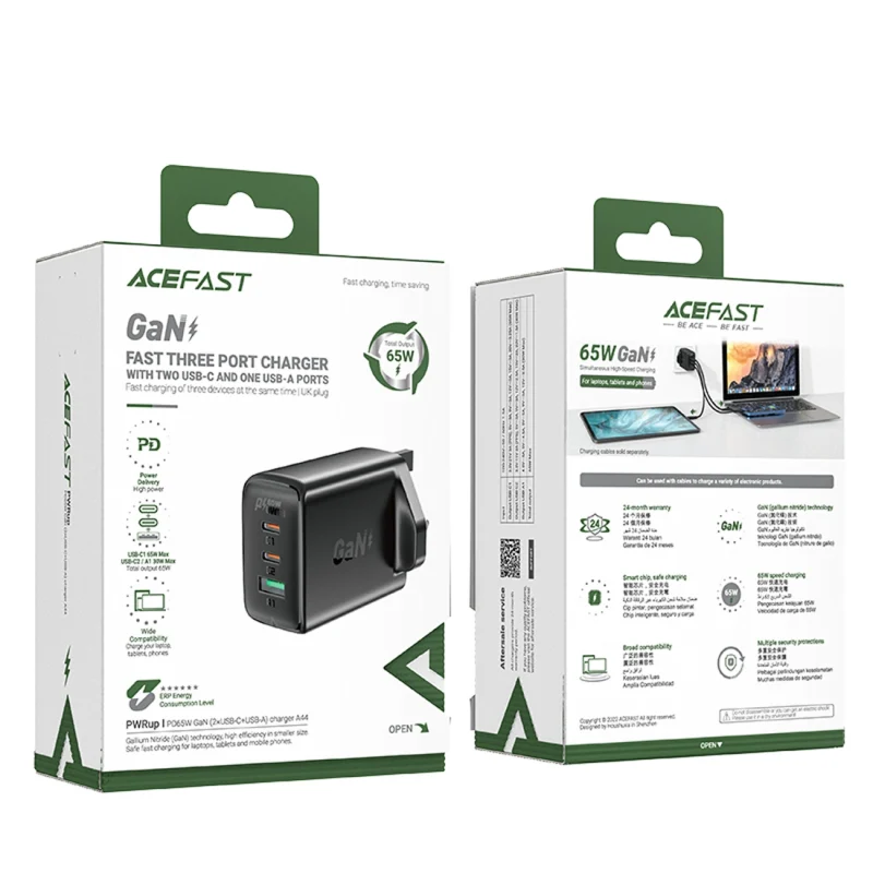 Acefast ładowarka GaN 65W 3 porty (1xUSB, 2xUSB C PD) wtyczka UK czarna (A44) - obrazek 5