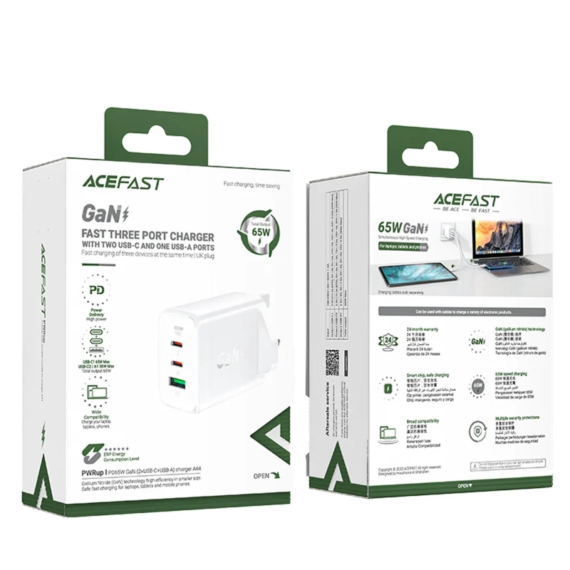 Acefast ładowarka GaN 65W 3 porty (1xUSB, 2xUSB C PD) wtyczka UK biała (A44) - obrazek 6