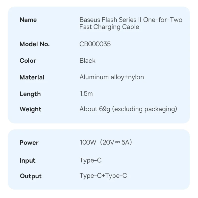 Baseus Flash Series Ⅱ kabel do szybkiego ładowania 2w1 USB-C - 2xUSB-C 100W 1.5m czarny - obrazek 16