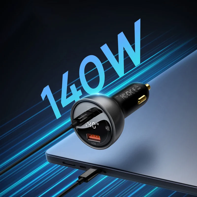 Ładowarka samochodowa Baseus Digital Display USB-A / USB-C PD 140W - czarna + kabel USB-C / USB-C 240W 1m - obrazek 12