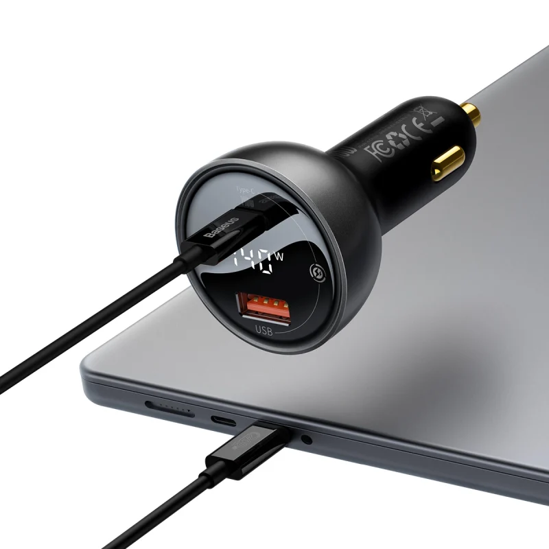 Ładowarka samochodowa Baseus Digital Display USB-A / USB-C PD 140W - czarna + kabel USB-C / USB-C 240W 1m - obrazek 4