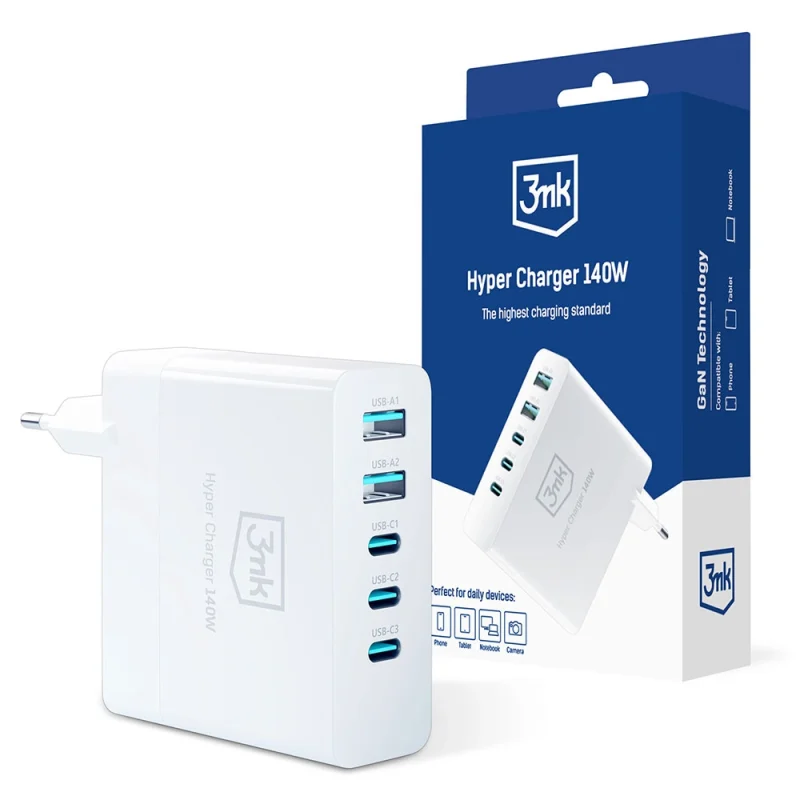 Ładowarka sieciowa 3mk Hyper Charger GaN 140W 3x USB-C 2x USB-A - biała