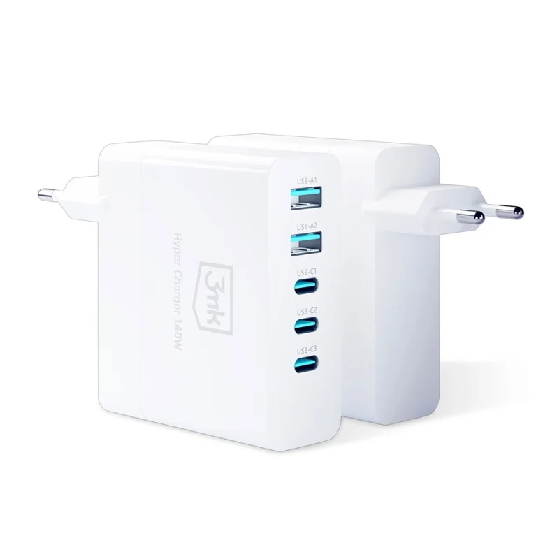 Ładowarka sieciowa 3mk Hyper Charger GaN 140W 3x USB-C 2x USB-A - biała - obrazek 2