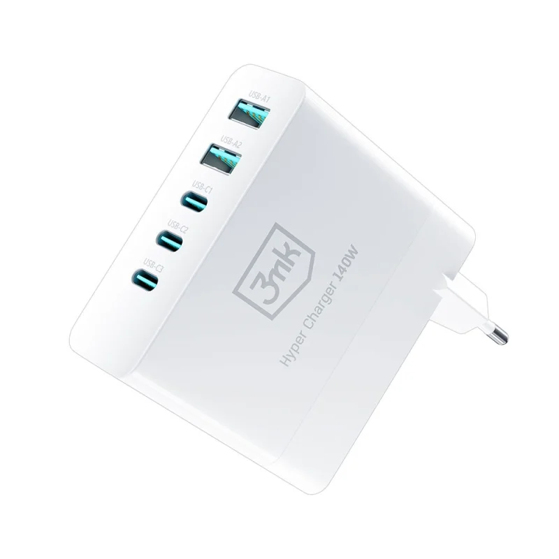 Ładowarka sieciowa 3mk Hyper Charger GaN 140W 3x USB-C 2x USB-A - biała - obrazek 4