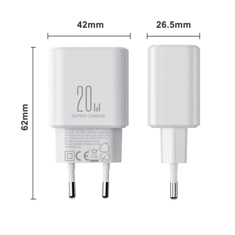 Szybka dwuportowa ładowarka sieciowa 20W USB-C / USB-A Joyroom JR-TCF05 - biała + kabel USB-C - Lightning 1m - obrazek 11