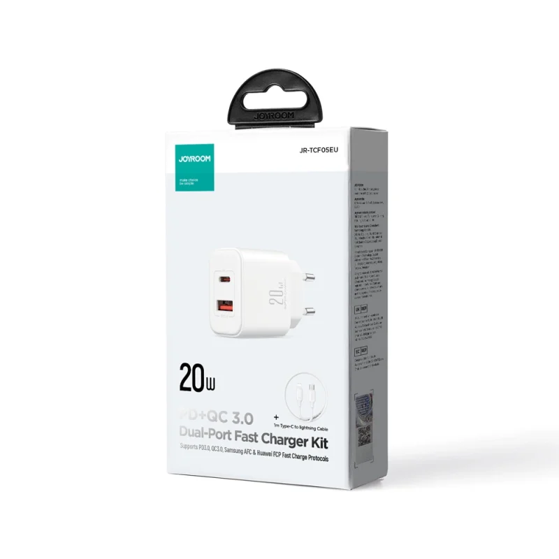 Szybka dwuportowa ładowarka sieciowa 20W USB-C / USB-A Joyroom JR-TCF05 - biała + kabel USB-C - Lightning 1m - obrazek 13