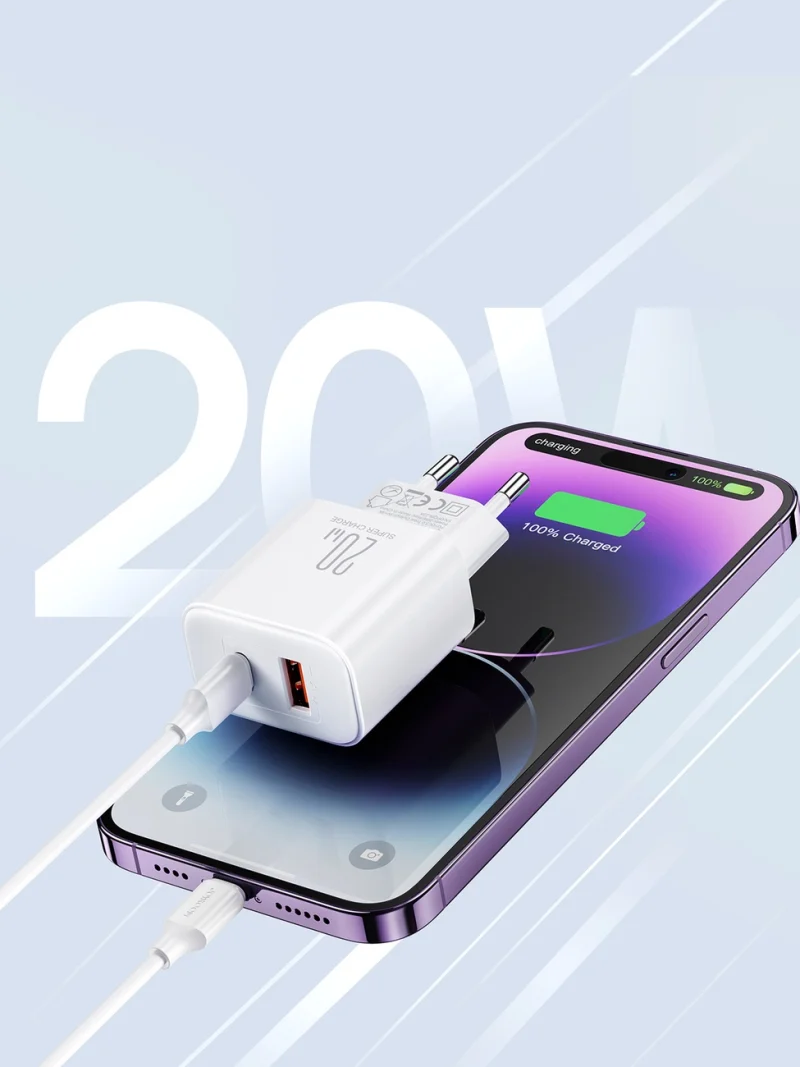 Szybka dwuportowa ładowarka sieciowa 20W USB-C / USB-A Joyroom JR-TCF05 - biała + kabel USB-C - Lightning 1m - obrazek 15