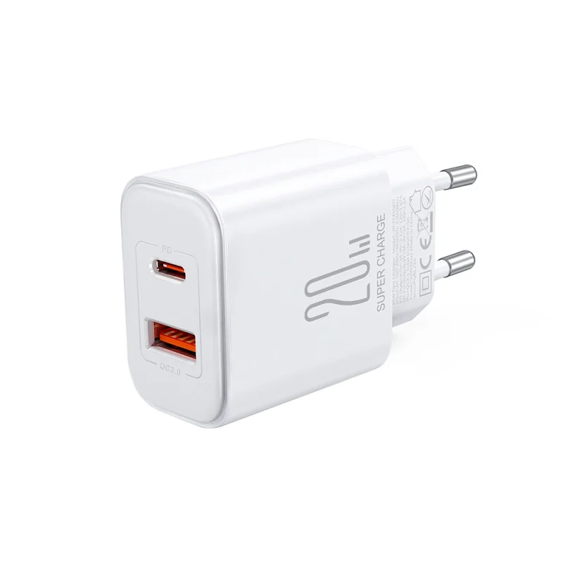 Szybka dwuportowa ładowarka sieciowa 20W USB-C / USB-A Joyroom JR-TCF05 - biała + kabel USB-C - Lightning 1m - obrazek 2