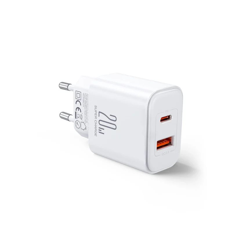 Szybka dwuportowa ładowarka sieciowa 20W USB-C / USB-A Joyroom JR-TCF05 - biała + kabel USB-C - Lightning 1m - obrazek 3