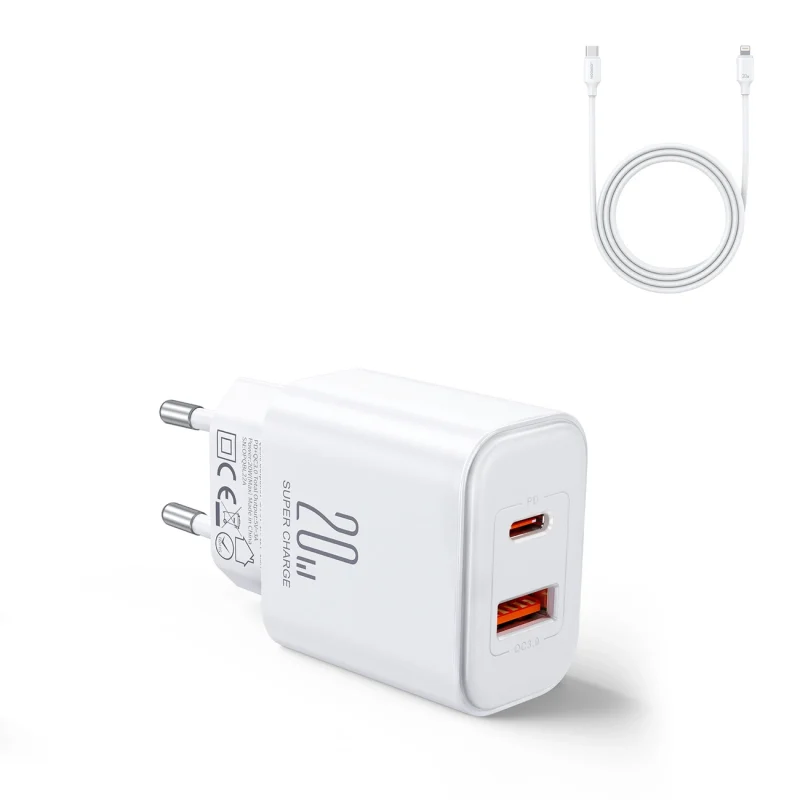 Szybka dwuportowa ładowarka sieciowa 20W USB-C / USB-A Joyroom JR-TCF05 - biała + kabel USB-C - Lightning 1m - obrazek 4