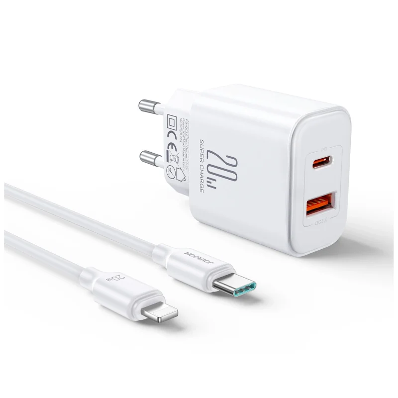 Szybka dwuportowa ładowarka sieciowa 20W USB-C / USB-A Joyroom JR-TCF05 - biała + kabel USB-C - Lightning 1m - obrazek 5